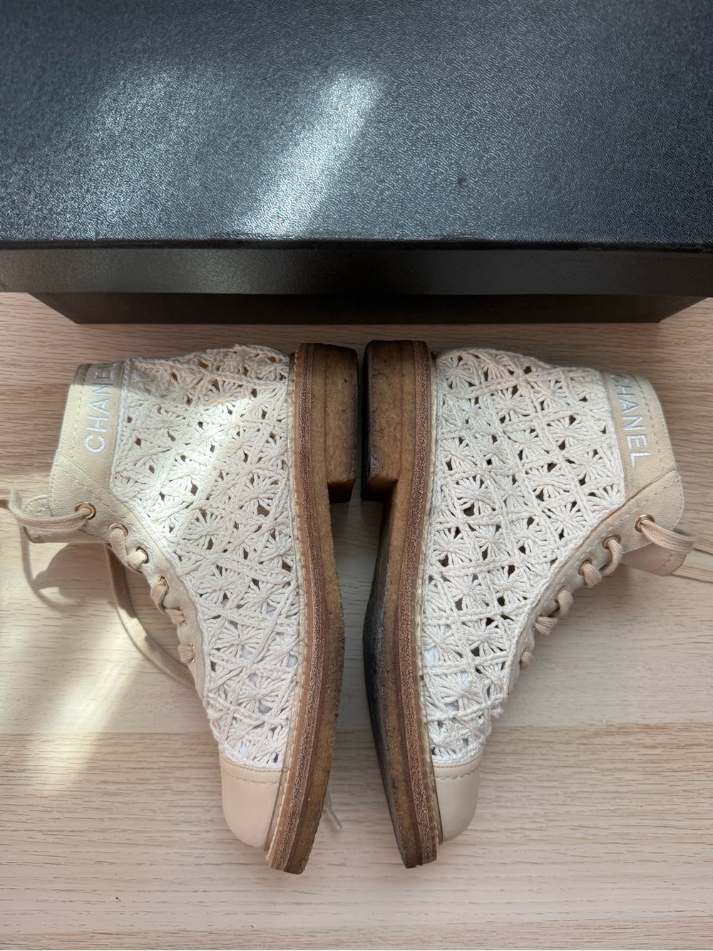 CHANEL Cream Crochet Lace-Up High-Top Boots - Picture 5 of 15